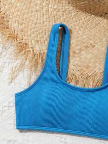 Tween Girls' Solid Color Round Neck Ribbed Bikini Set