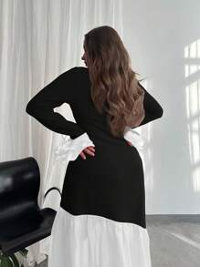 Firerie Vestido de talla grande con cuello cuadrado, mangas acampanadas de malla y bloques de color - Multicolor - Ver 2