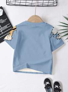 Baby Boy Casual Minimalist Round Neck Short Sleeve Loose T-Shirt, Suitable For Summer - Blue - View 2
