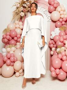 Loomaby Elegant Solid Color Pleated Shawl Maternity Dress For Party - White - View 5