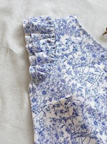 SHEIN VCAY Plus Size One Shoulder Floral Print Double-Layer Cap Sleeve Fitted T-Shirt - Blue and White - View 5