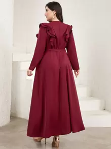 Modelyn 大码女士土耳其荷叶边罩衫和传统阿拉伯长袍 - 酒紅色 - 查看 2