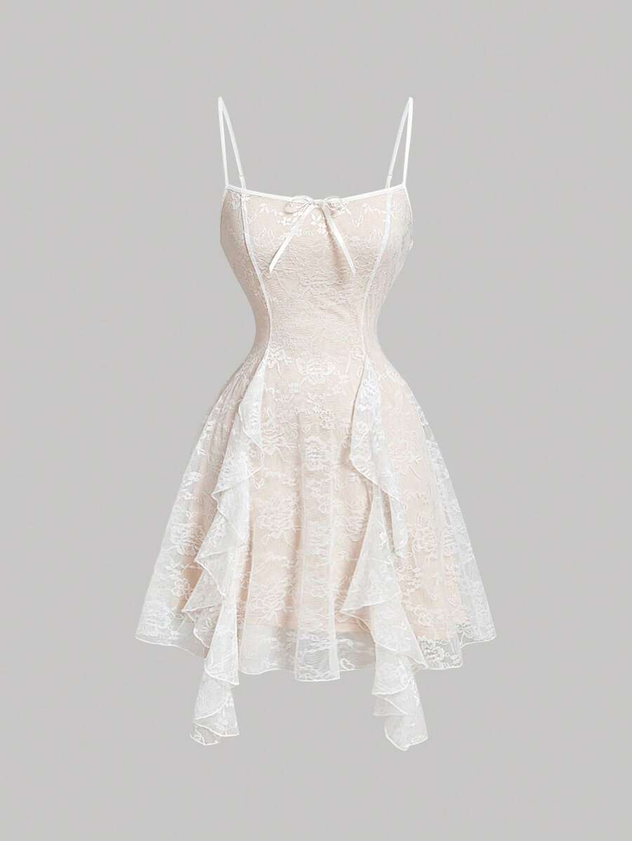 SHEIN MOD Women's Elegant Lace Ruffle Strap Summer Dress,Rave Outfits Festival - White - View 1
