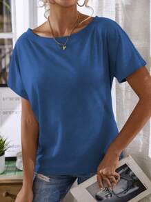 EMERY ROSE Women's Solid Color Asymmetric Neck Casual Short Sleeve T-Shirt - Blue - View 6