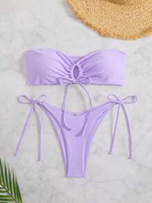 Swim Mod Women Summer Beach Solid Wireless Bandeau Front-Tie Bikini Swimwear Set - Mauve Purple - View 1