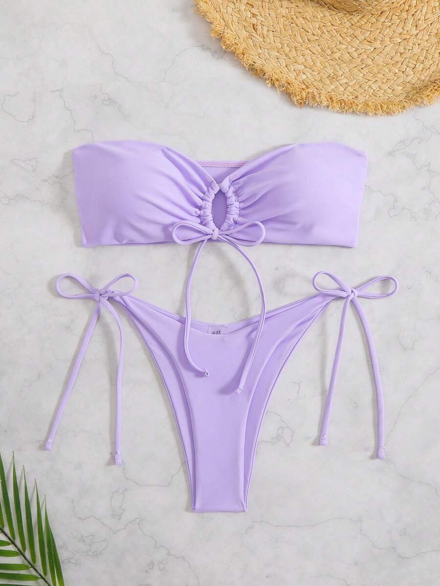 Swim Mod Women Summer Beach Solid Wireless Bandeau Front-Tie Bikini Swimwear Set - Mauve Purple - View 1