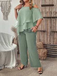 SHEIN Clasi Plus Size Vacation Casual Solid Color Asymmetrical Top & Wide Leg Pants 2 Pieces Set