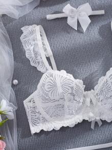 Conjunto de lencería sexy de 3 piezas para mujer, incluye sostén con aros y diseño de collar y moño de encaje, y tanga
