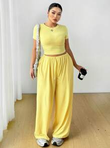 Flirla 2pcs/Set Casual Crew Neck Knitted Pullover T-Shirt And Wide-Leg Pants With Elastic Waist - Yellow - View 6
