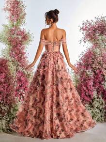 Glamrae Vestido largo de noche elegante, multicolor y romántico con estampado floral de tul, hombros descubiertos, abertura lateral alta y silueta de línea A para eventos formales, fiestas y bodas