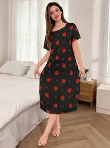SHEIN 女士圆领休闲草莓心形印花短袖睡袍，Moo Moo - 彩色 - 查看 5
