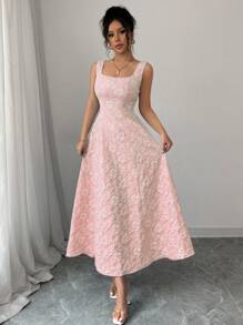 Elenzga 新款女式宽肩带磨边纹理花卉编织面料修身中长连衣裙，优雅精致年轻百搭，修身显瘦 - 粉色 - 查看 6