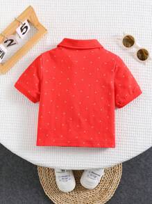 SHEIN Babyboy 针织柔软圆点领短袖套头衫 - 紅色 - 查看 2