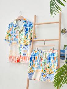 EASEVO 2 件大码男士彩色绘画风格短袖衬衫和宽松沙滩短裤套装，度假