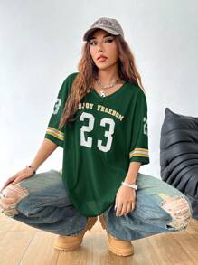 Coolane Camiseta de manga corta con cuello en V suelto, estampado de letras y hombros caídos, casual para mujeres, camiseta gráfica de verano