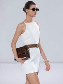 SHEIN Privé Minimalist Slim Strap Cold Shoulder Straight Fitted Short Spaghetti Strap Dress With Wide Belt, Commuter Style - White - View 5