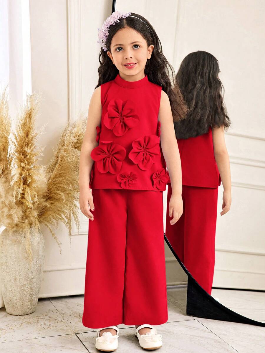 SHEIN 2 件套少女套装:优雅立领花卉贴花上衣和裤子 - 紅色 - 查看 1