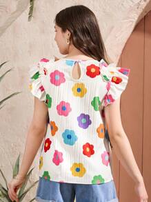 少女花卉印花圆领盖袖衬衫 - 彩色 - 查看 2