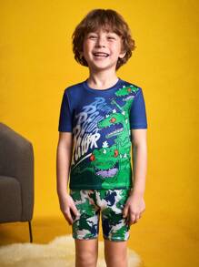 Nick 90s | SHEIN Conjunto de pijama con estampado de dinosaurio en bloques de color para niño, primavera/verano