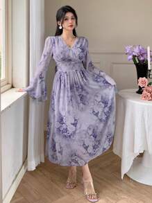 DAZY V-Neck Floral Print Midi Ruffled Hem Dress For Women Elegant,Fall Dress Long Sleeve Dress Easter - Purple - View 7