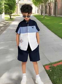 SHEIN 2pcs/Set Loose Fit Colorblock Stand Collared Short Sleeve Shirt And Shorts With Cute Patchwork Design For Tween Boys - Multicolor - View 9