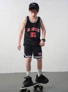 SHEIN Tween Boys' Casual Color Block Sleeveless Vest Top And Shorts Set, Tween Size