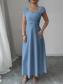 Modelyn Vestido elegante de manga raglán y cuello cuadrado con detalle cruzado en el busto, de unicolor para mujeres - Azul - Ver 4