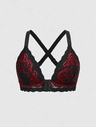 Grunge Punk Plus Size Lace Front Closure Wire-Free Lingerie Bra