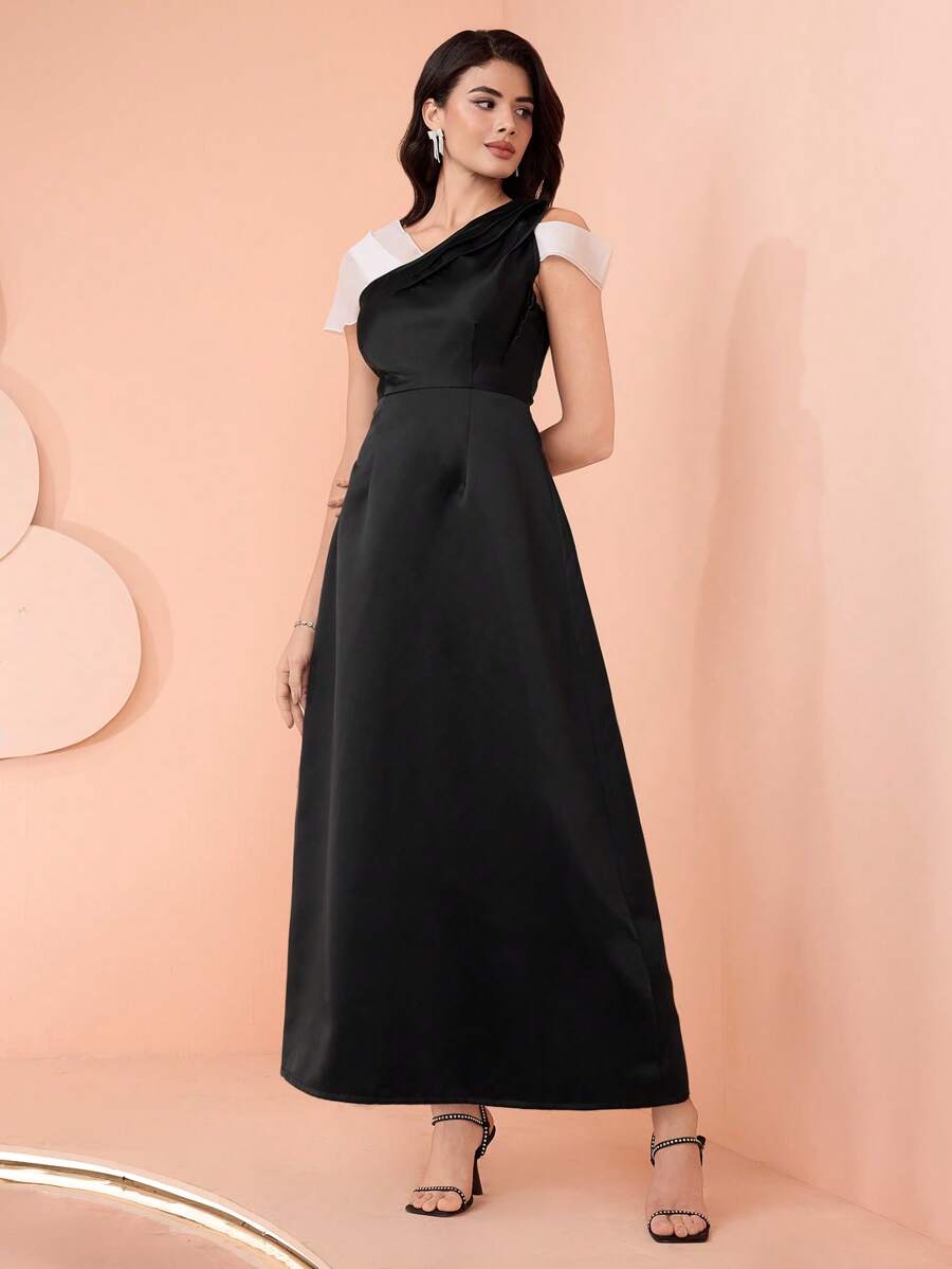SHEIN Belle 女士优雅拼色不对称领口晚礼服女士礼服，女士舞会礼服，黑色夏季礼服，派对礼服，婚礼宾客礼服 - 黑色 - 查看 1