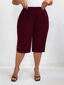 Linhara Plus Size Women Solid Color Elastic Waist Pockets Casual Capri Pants