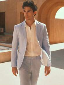 Manfinity VCAY 2pcs Men Slim Striped Collared Formal Suit Set, Suitable For Office, Autumn - Baby Blue - View 2