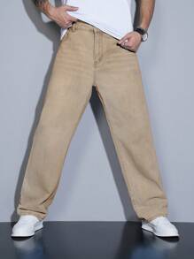 Manfinity Homme Men's Straight Relaxed Fit Multi-Pocket Casual Denim Jeans - Khaki - View 4