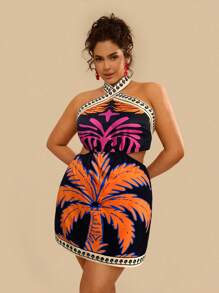 Travachic Plus Size Vacation Woven Print Bodycon Mini Dress For Women - Black - View 3
