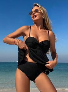 SHEIN 2pcs/Set Women's Textured Fabric Solid Color Spaghetti Strap Ruffle Hem Camisole & Tankini Swimwear Set, Summer Beachwear