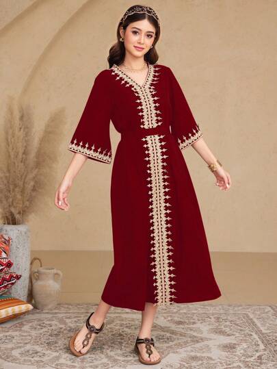 SHEIN 青少年女孩 V 领撞色金色缎带黑色束带连衣裙