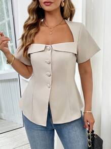 SHEIN Unity 大码女式法式优雅办公室淑女风格梯形领方领前襟纽扣装饰腰线褶皱 A 字下摆短袖衬衫，春夏