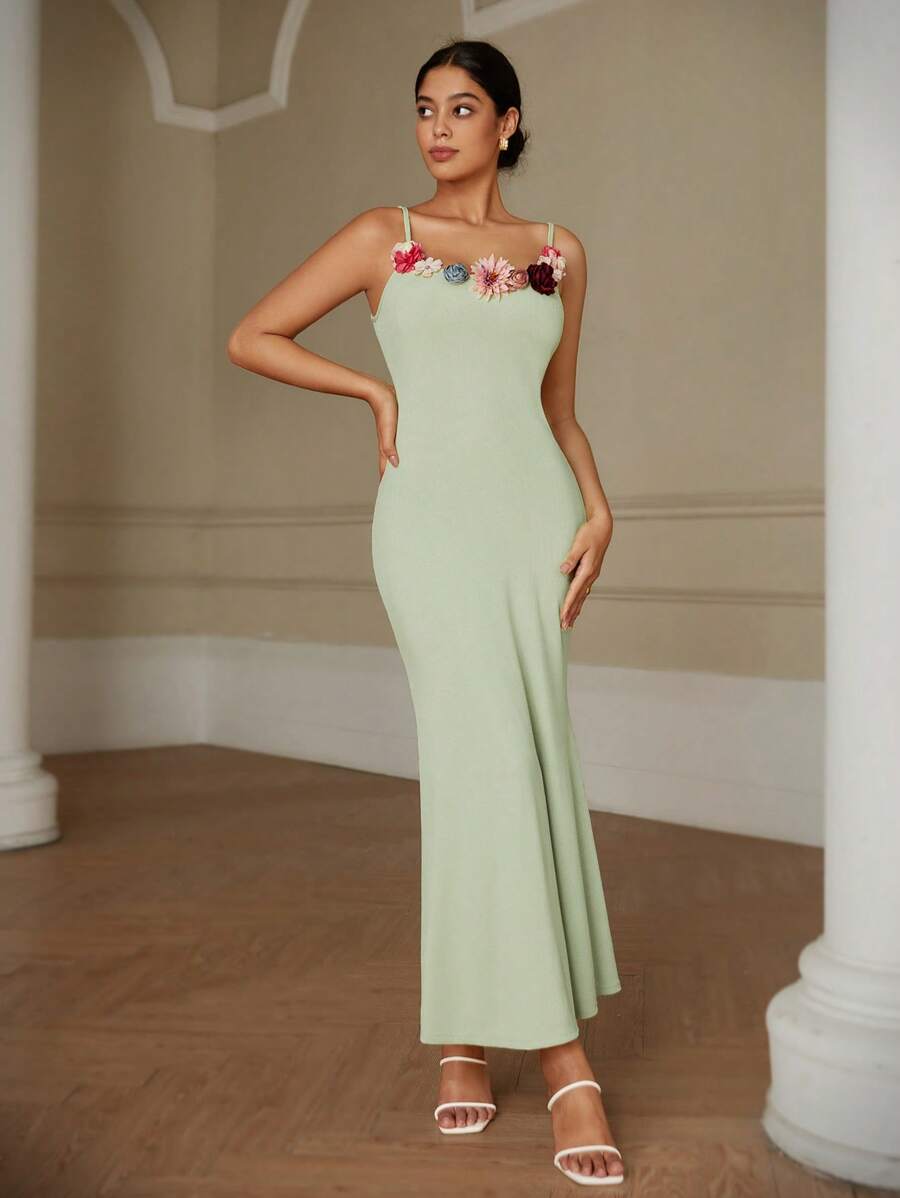 Chiquease فستان مزين بالورود الرومانسية، كنزة طويلة ضيقة مع أربطة رفيعة - أخضر - مشاهدة 1