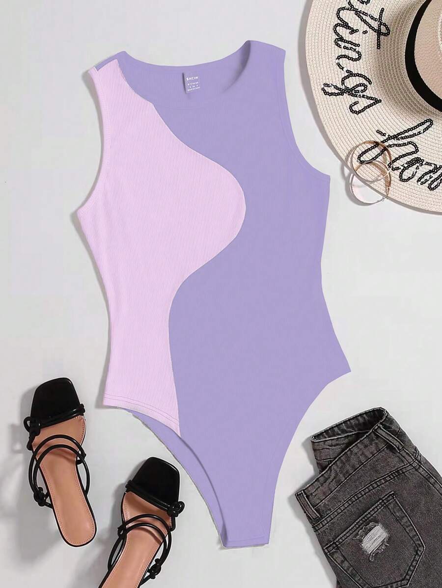 Chiquease Minimalist Solid Color Sleeveless Bodysuit, Fashionable Suitable For Summer - Purple - View 1