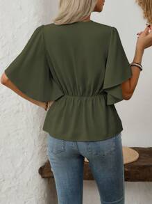 SHEIN Clasi Áo cánh chữ A dáng chữ A thanh lịch kiểu Pháp đi làm thường ngày cho nữ mùa xuân và mùa hè, màu trơn, cổ chữ V, cài nút, trang trí, tay loe, eo bó - màu xanh lá - Xem 2