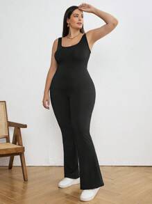 SHEIN Tall CURVE Plus Solid Color Hollow Out Flare Skinny Jumpsuit - Black - View 4