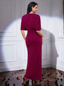 Modelyn Dames Strass Decor Ronde Hals Vleermuismouwen Getailleerde Jurk, Elegant