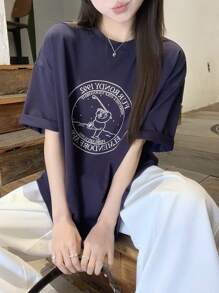 DAZY Women's Round Neck Printed Short Sleeve Casual T-Shirt, Minimalist Daily Wear Summer Oversized T-Shirt