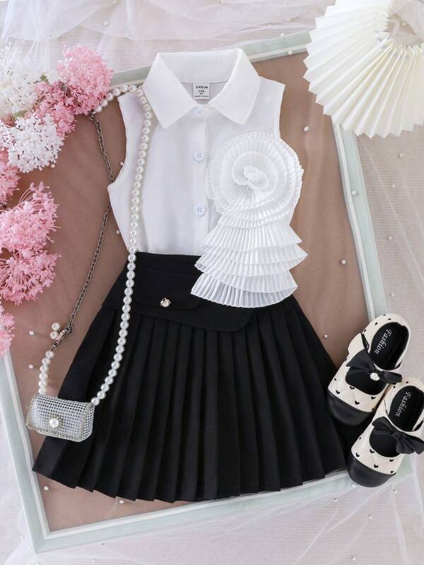 SHEIN 2pcs/Set Young Girl Fashion Blouse + Skirt, Floral Printed Children Clothes Set
