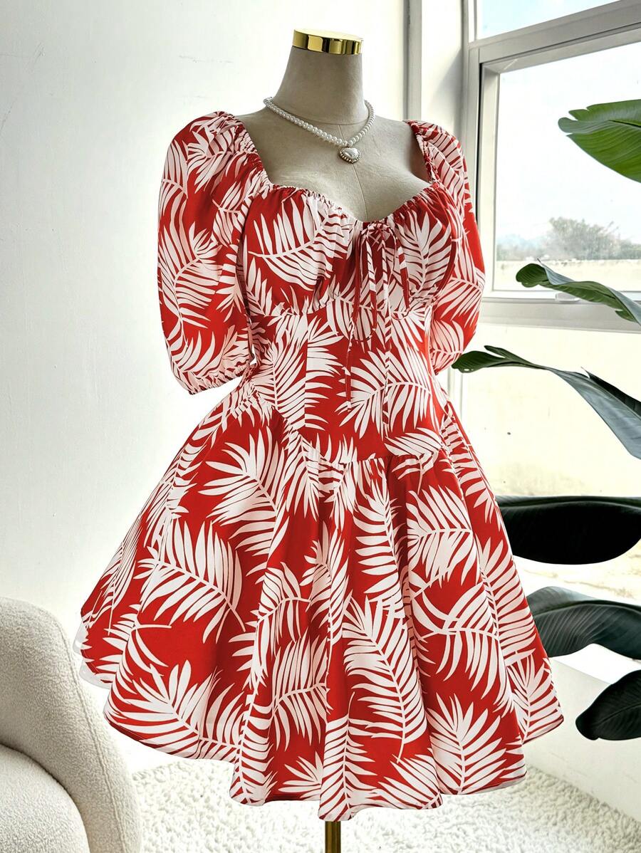 Flirla Plus Size Plant Print Lantern Sleeve Casual Vacation Dress - Multicolor - View 1