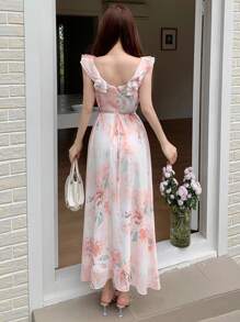 DAZY Floral Ruffle Trim Split Mid-Length Dress For Women Maxi Dress Vacation Outfits Women - Orange - View 2