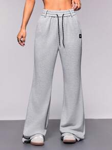 SHEIN Sports Pantalon de sport évasé à taille avec cordon de serrage pour femmes - Gris pâle - Voir 1