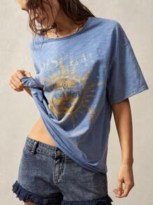 Bohemela Boho-Western-Stil Unifarben gestricktes Muster Rundhals kurzärmelig luftige Damen T-Shirt, Frühling/Sommer