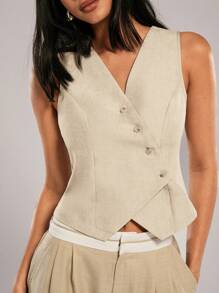 Forever 21 Women's Solid Color Front Button Closure Sleeveless Slim Fit Casual Tank Top - Apricot - View 6