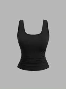 Sweetra Plus Size Women's Summer Short Square Neck Pleated Casual Tank Top