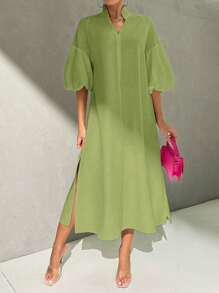 SHEIN Privé Plus Size Women's Elegant Vacation Beach Romantic Date Wedding Party Stand Collar Lantern Sleeve Mid-Length Loose Dress, Suitable For Summer - Green - View 7